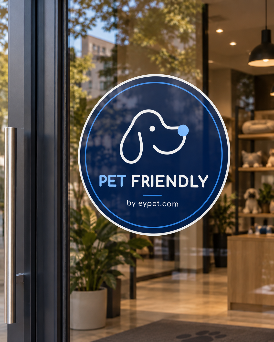 Escaparate de un negocio pet-friendly con el sello de eypet